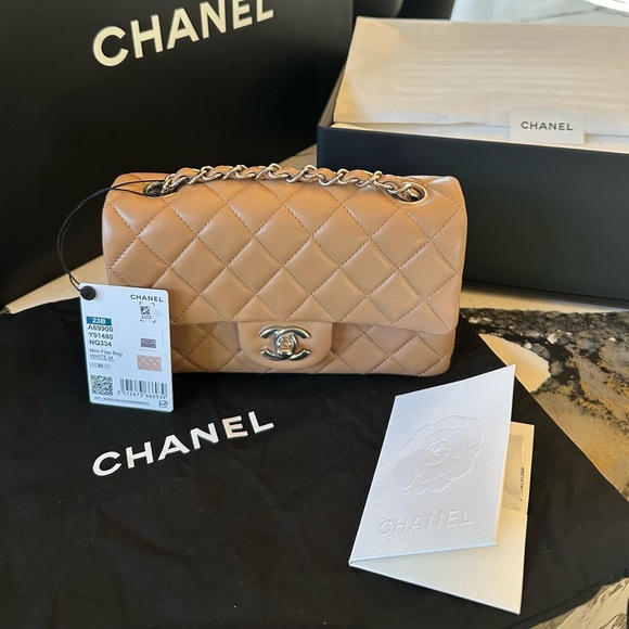 FULL SET - CHANEL Classic Flap Brown / Tan Mini with Silver HW - Picture 11 of 11